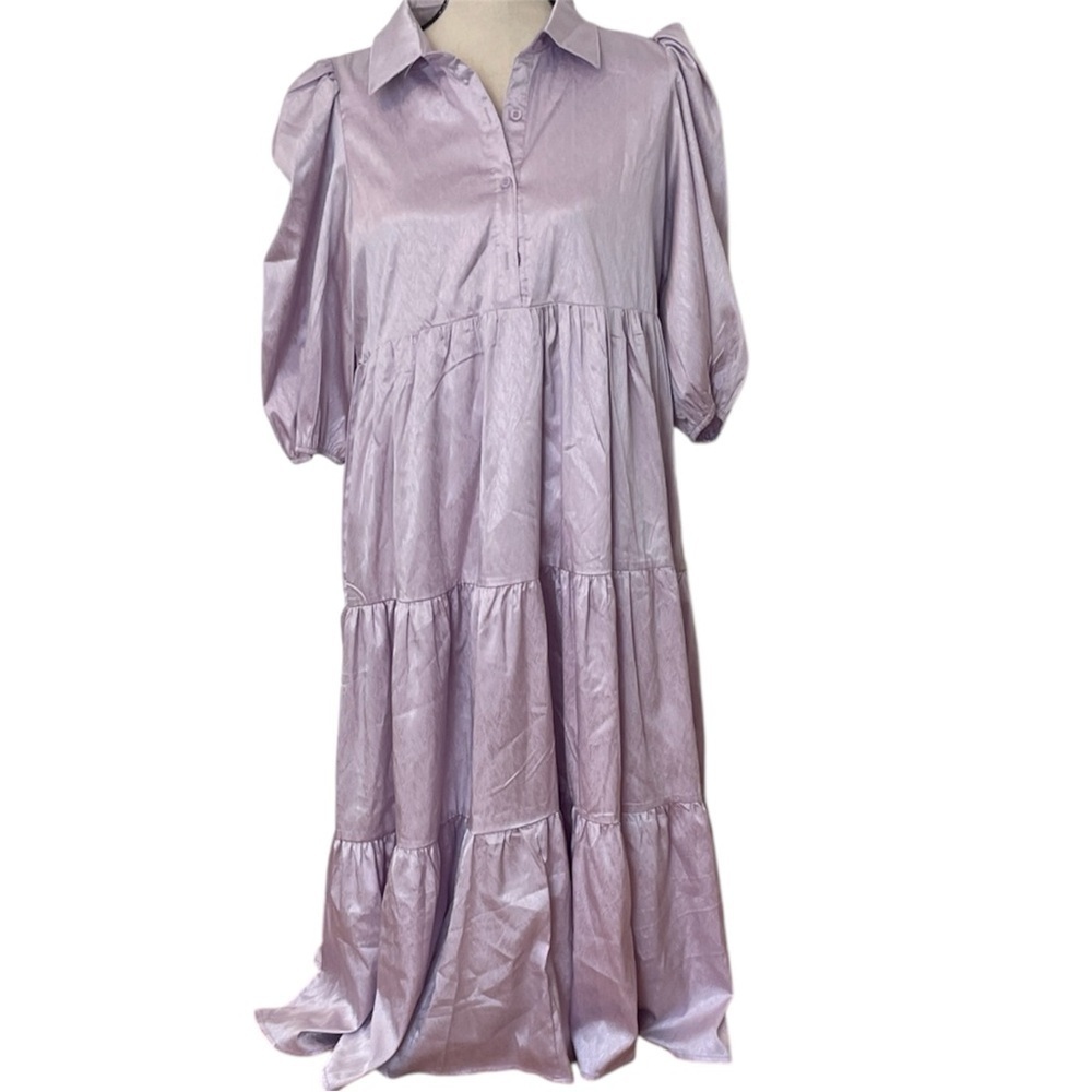 Lavender Midi Shirt Dress Large Pants Store NWT Ruffled Button Front Collared